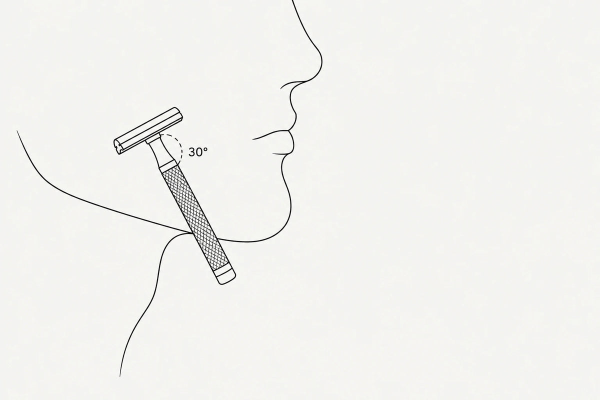 Line drawing of a man's jaw with a safety razor held at about 30 degrees to the skin