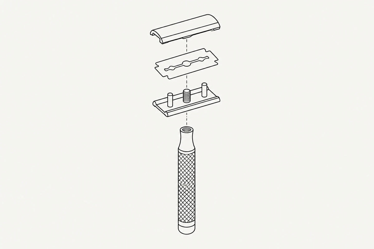 Diagram of a double edge safety razor taken apart: handle, base plate, blade and top cap