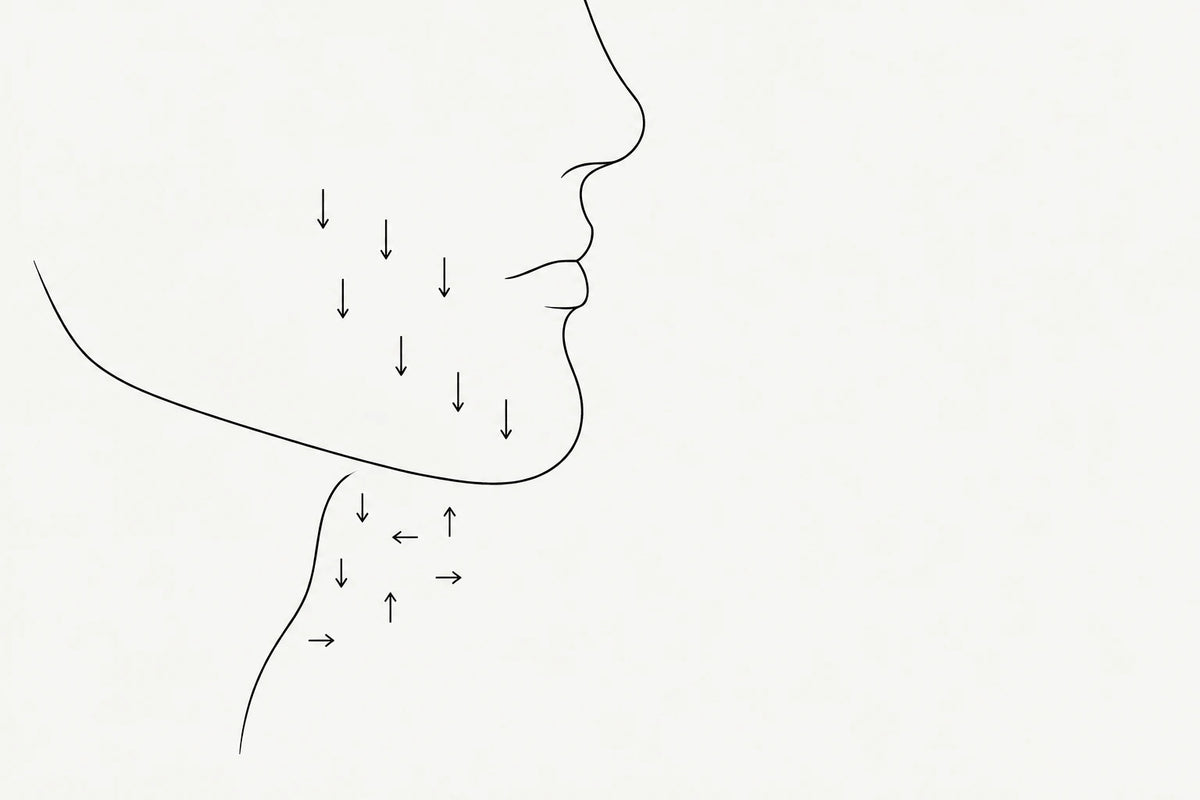 Line drawing of a face and neck with arrows showing typical hair growth directions