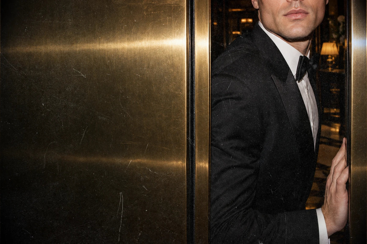 A man in a black tuxedo stepping out of a brass elevator