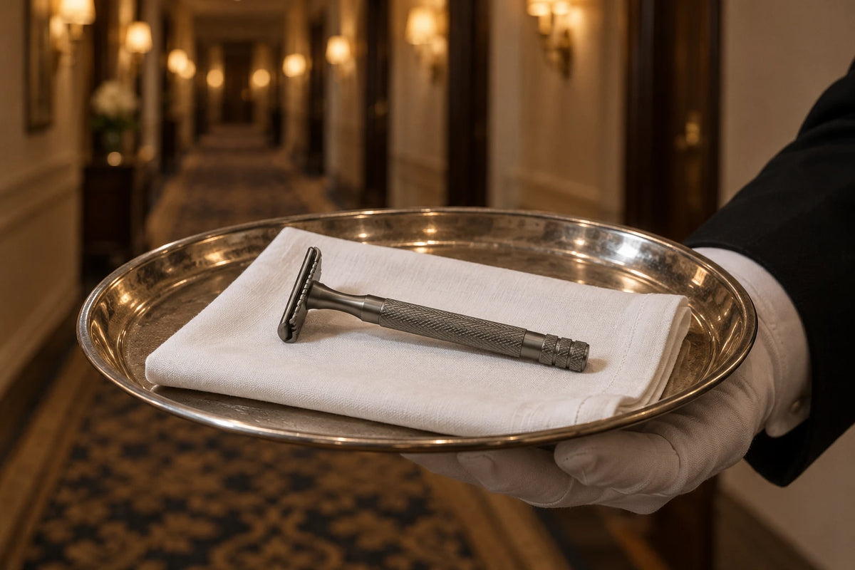 A white-gloved hotel butler holding a silver tray with a safety razor on a linen napkin